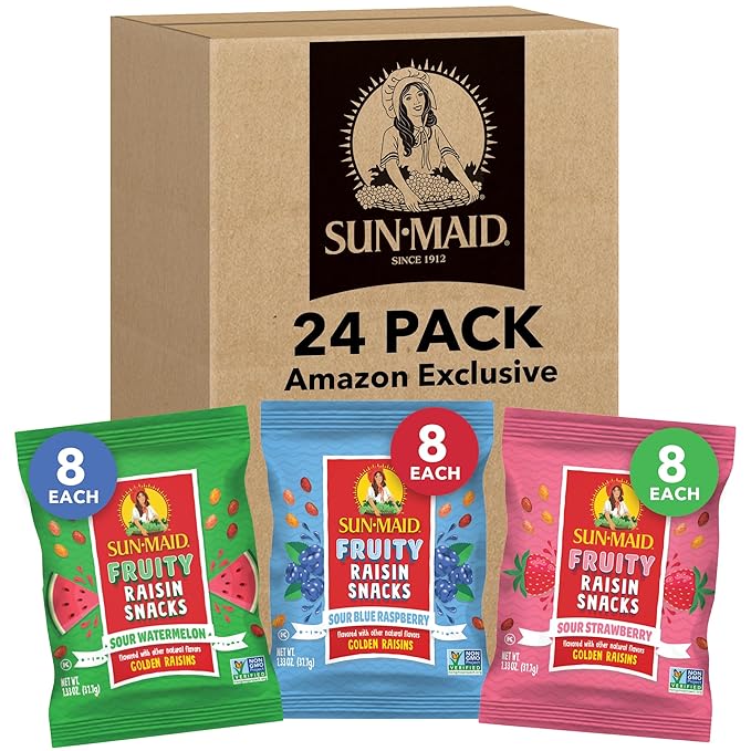 Sun-Maid Fruity Raisin Snack Variety Pack - Sour Strawberry Watermelon &amp Blue Raspberry - (24 Pack) 1.33 oz Pouches