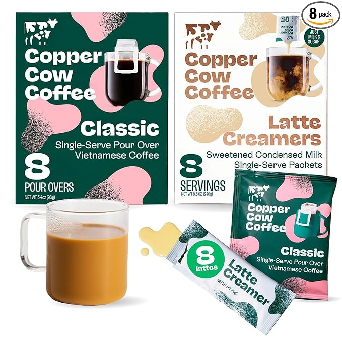 Copper Cow Coffee Pour Over Vietnamese Coffee Pouches + Sweetened Condensed Milk Creamers (8 Coffees &amp 8 Milk Creamers) | Classic Black Lattes No Refrigeration Needed Travel Friendly Ground Coff
