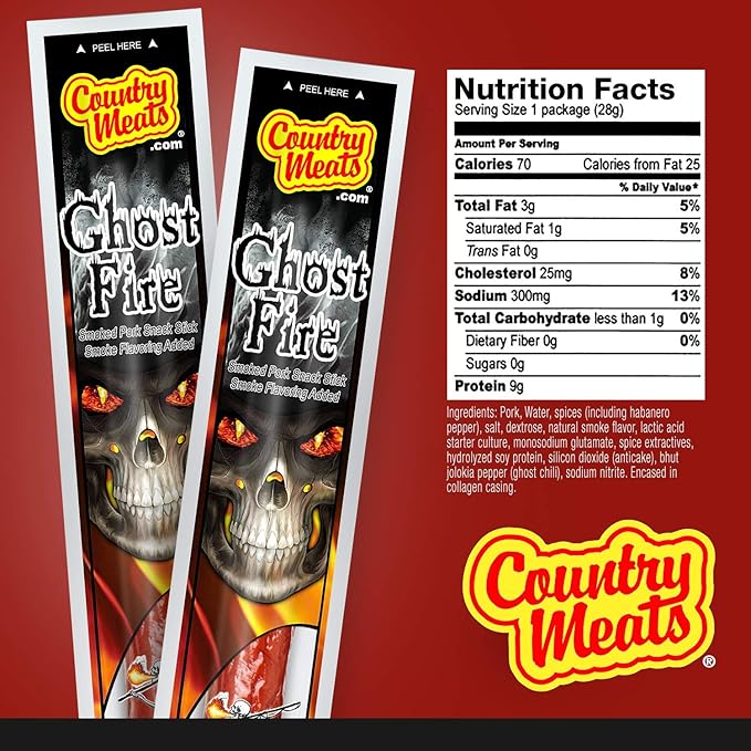 Country Meats Meat Sticks 0 Trans Fat USDA Certified Good Source of Protein Carb Conscious Snack (24 Meat Sticks Ghost Fire)