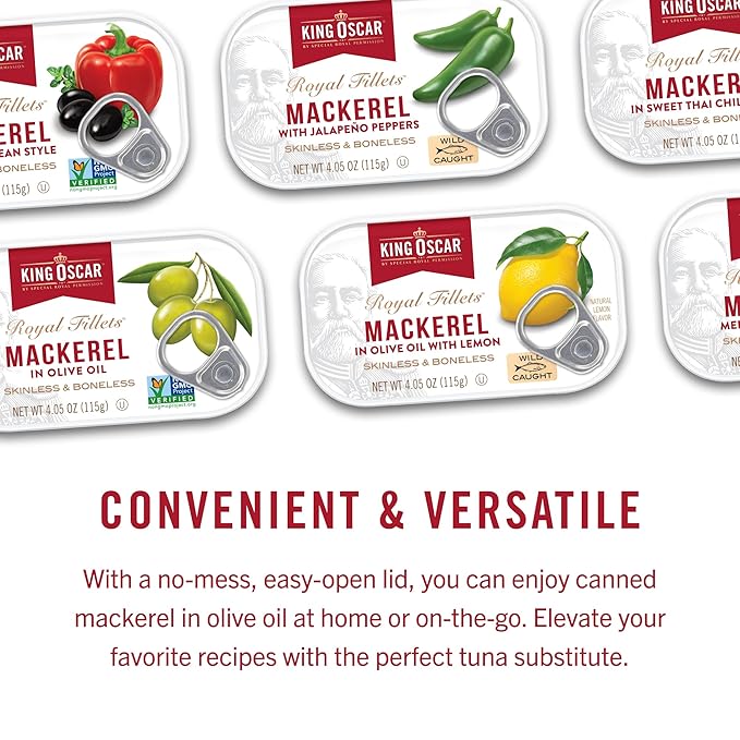 King Oscar Mackerel in Olive Oil with Lemon 4.05 Ounce Cans (Pack of 12 Packaging May Vary) Skinless &amp Boneless Wild Caught Canned Mackerel
