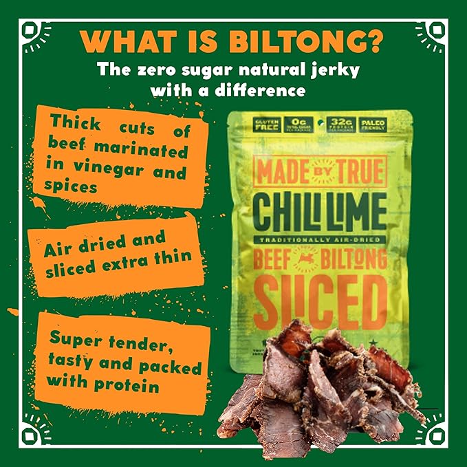 Made by True Chili Lime Beef Sliced Bites (2 Ounce Pack of 2) - All Natural Zero-Sugar True Jerky Biltong Chili Bites - High Protein Keto Paleo &amp Whole30 Diet - Sugar-Free Gluten-Free Carb-F