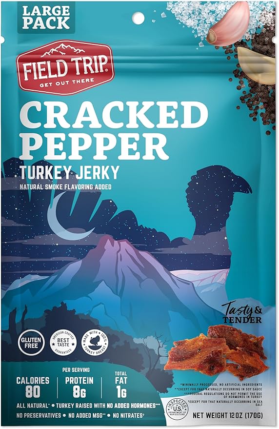 Field Trip Turkey Jerky All Natural Gluten Free Dried Turkey Meat Healthy Paleo-Friendly Low Carb Snack High Protein Snacks with No Nitrates 12oz Bag Cracked Pepper