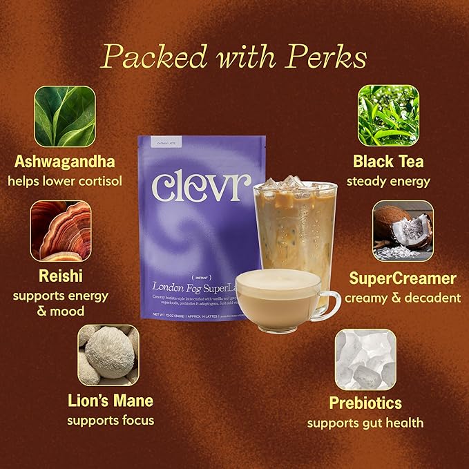 Clevr London Fog Latte Vegan Earl Grey Instant Tea Mix Superfood Powder Blend with Oat Milk Black Tea Reishi Mushroom Organic Spices Coconut Cream Ashwagandha Serve Hot or Iced 12 oz