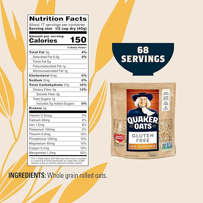 Quaker Gluten Free Old Fashioned Rolled Oats Non GMO Project Verified 24oz Resealable Bags (Pack of 4)