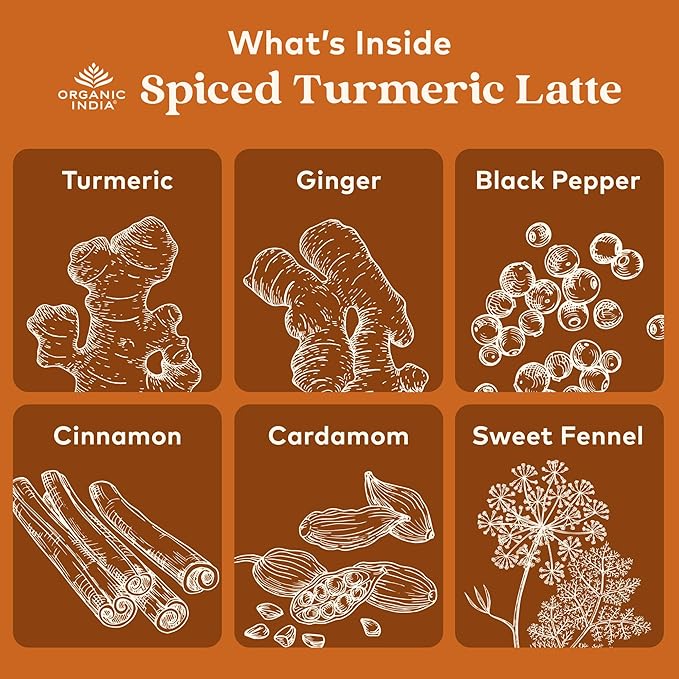Organic India Spiced Turmeric Latte Powder - Golden Milk Mix Authentic Blend Gold Tea Drink With Ginger and Cinnamon Vegan Ayurvedic Herbs Caffeine Free Zero Added Sugar - 3.52 Oz