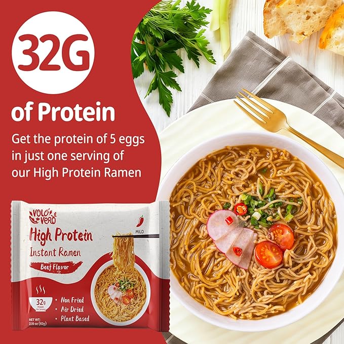 VOLO VERO High Protein (32g) Instant Ramen Noodles “Spicy Beef” Flavor Soup 8 Pack Plant-Based Low Carb Air-Dried Non-Fried Egg-Free Ready to Eat Dairy Free Healthy Meal