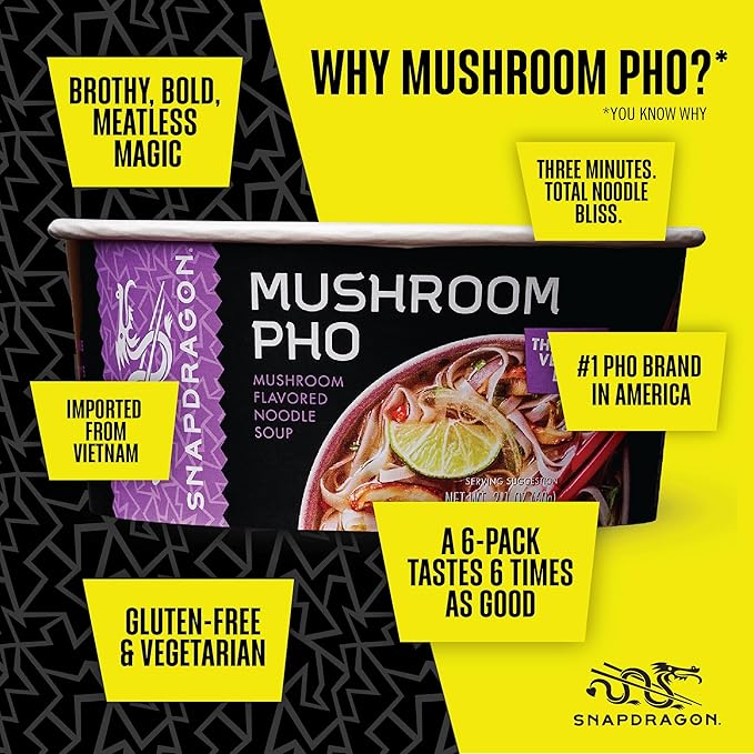 Snapdragon Mushroom Pho Instant Noodle Bowls | Mushroom Flavor Broth with Rice Noodles | Gluten Free | No Artificial Flavors | No MSG Added | 2.1 oz (6 Pack)