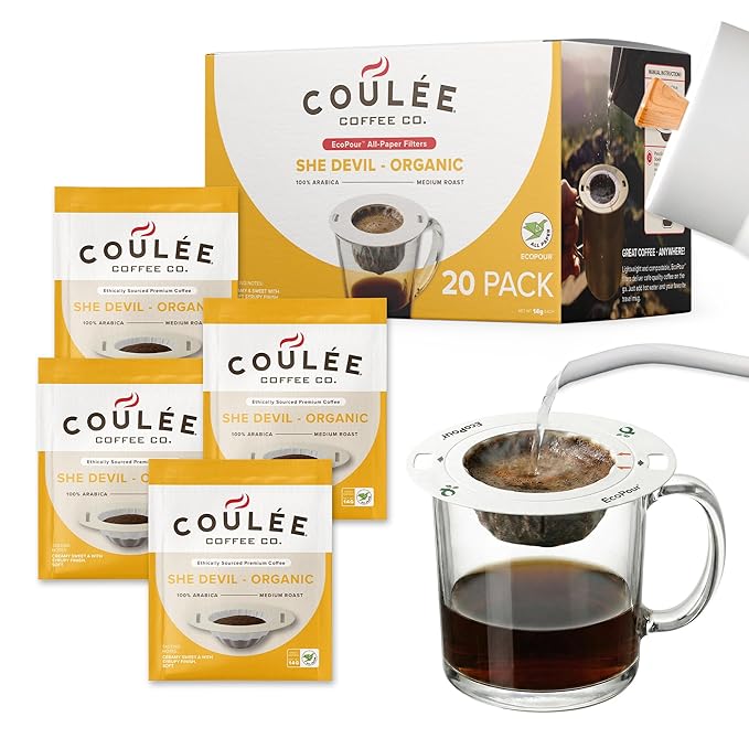 Coulée EcoPour She Devil Coffee Single Serve Pour Over Arabic Coffee Medium Roast Use for Camping or Traveling Pre Filled Compostable Filters Ready to Brew with Hot Water 20 Pack