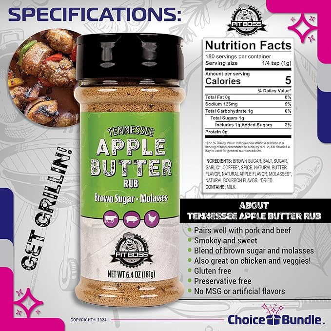 Pit Boss Tennessee Apple Butter Premium BBQ Barbecue Mixed Seasoning Spice &amp Rub 2 pk Choice Bundle (12.8 oz) + Guide &amp Keychain Bottle Opener (4 Items)!