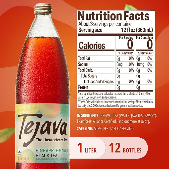 Tejava Pineapple Mango Black Iced Tea 12 Pack 1 Liter Glass Bottles Unsweetened Non-GMO Kosher No Sugar or Sweeteners No calories No Preservatives Brewed in Small Batches