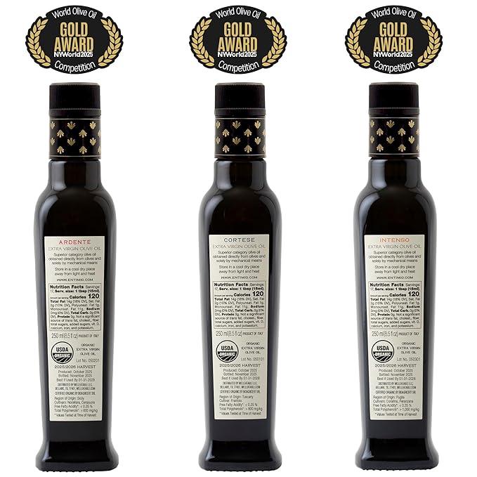 Entimio Collection Organic Italian Extra Virgin Olive Oil Gift Set from Italy 600+ to 1000+ mg/kg High in Polyphenols 2025 Gold Winner Early Harvest evoo Cold Extracted Lab Tested – 3 x 8.5 fl o