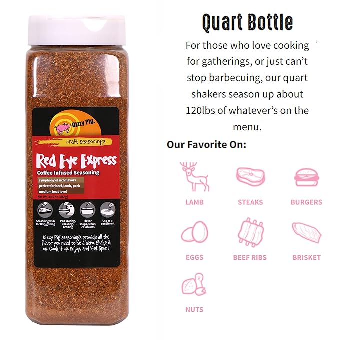 Dizzy Pig Red Eye Express Coffee-Infused Seasoning Rub (Quart Shaker) - Seasons Around 120lbs of Food - Hand Made in the USA - MSG Free Gluten Free