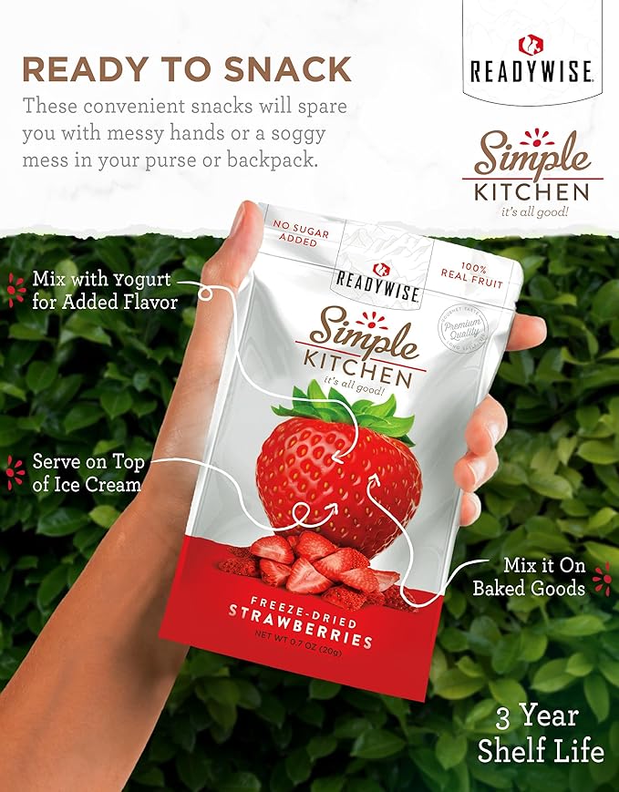 READYWISE - Simple Kitchen Freeze-Dried Strawberries Pack of 1 Vegetarian Gluten Free Snacks Strawberries Dried Fruit Pre Workout Healthy Snacks Camping Backpacking Survival Food