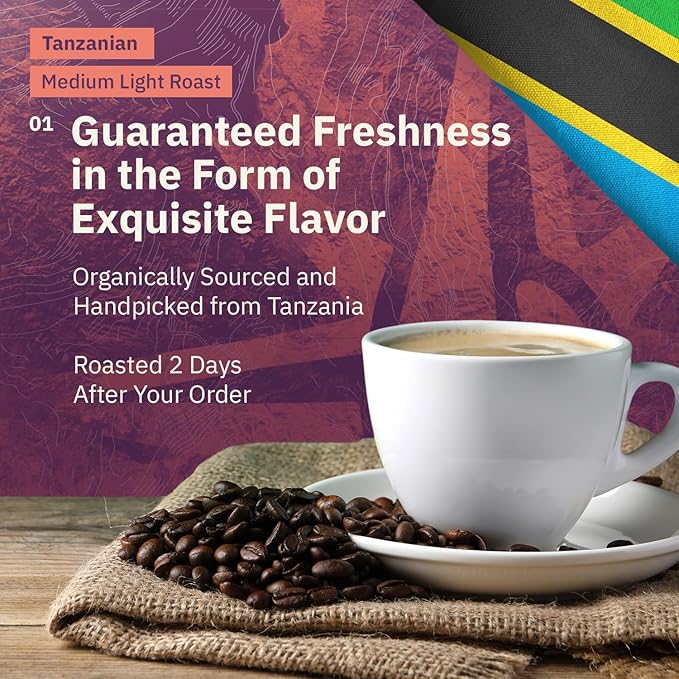 Tanzanian Peaberry Coffee Whole Bean - 2LB Single Origin Medium Light Roast Roasted To Order Drip Grind Coffee Specialty Grade Fair Trade and Non-GMO
