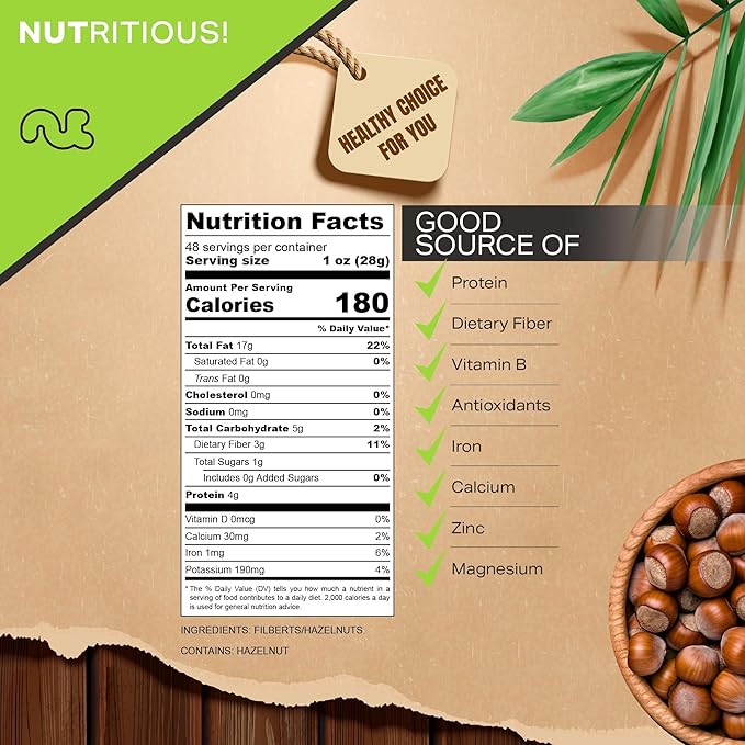 NUT CRAVINGS Raw Hazelnuts Filberts In Shell Whole (48oz - 3 LB) Bulk Nuts Packed Fresh in Resealable Bag Healthy Protein Food Snack Food Assortments Ideal for Trail Mixed Nuts