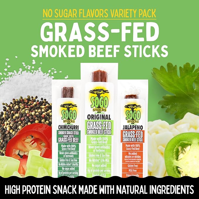 No Sugar Variety 100% Grass-fed/finished Non-GMO Beef Sticks. No Added Nitrates Gluten Soy MSG Dairy or Nuts. Keto Whole &amp Paleo. (8 Original 8 Chimichurri 8 Jalapeno 24-Cnt 1-oz Sticks