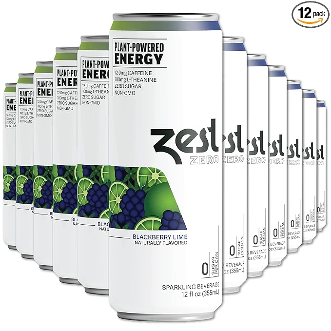 Zest Clean Energy Drink – Blackberry Lime – Zero Sugar 0 Calories – 120mg Caffeine + 100mg L-Theanine for Focus Energy &amp Concentration – Healthy Zero Sugar Energy Drink – 12oz Can 12 Pack