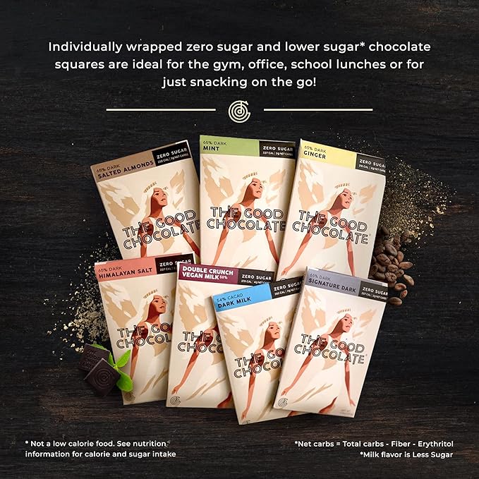 The Good Chocolate - Keto Chocolate Variety Pack Zero Sugar Lower Net Carb Snack Lower Calorie Chocolate Candy Variety Pack 6 Flavors 6 Bar Value Pack