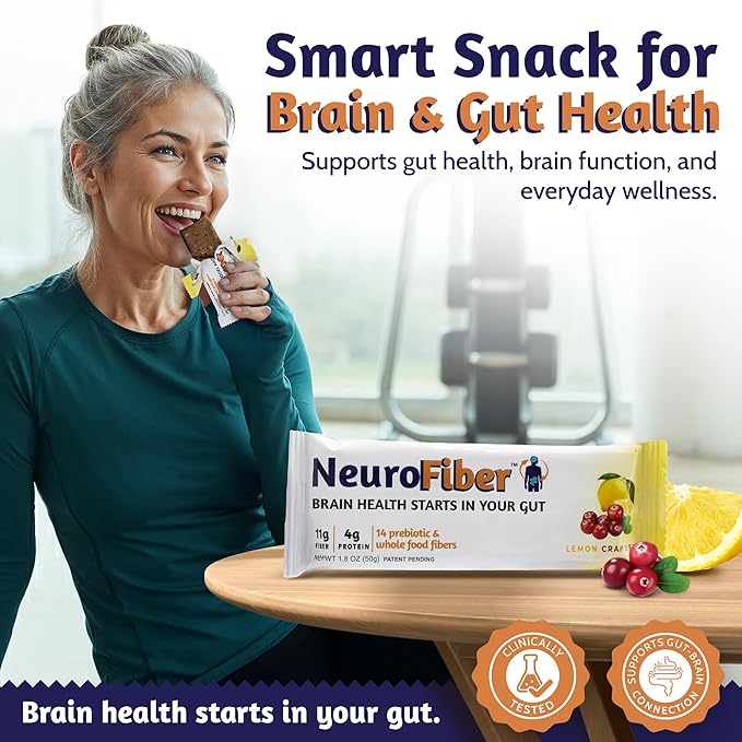 NeuroFiber Prebiotic Fiber Bars – Gut Health Constipation Relief &amp Brain Function Support – Plant-Based Gluten Free Vegan (14 Bars Lemon Cranberry)