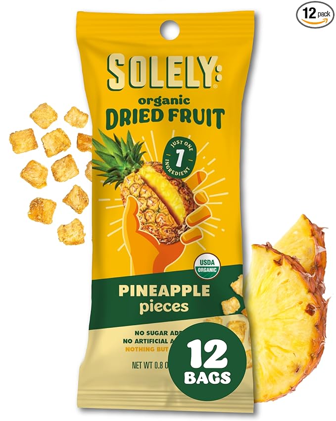 SOLELY - Organic Dried Fruit Pineapple Pieces (1 Box 12 Single Serving Bags per Box) - Real Fresh Fruit - Healthy Snacks for Adults &amp Kids - Non GMO Vegan Snacks Shelf Stable - 12 Bags (1 oz)