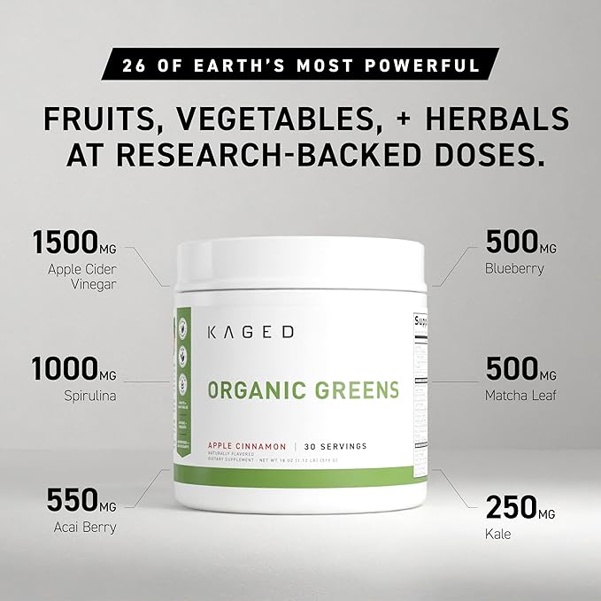 Kaged Organic Greens Superfood Powder Outlive100 Berry Supergreens Apple Cider Vinegar Ashwagandha 30 Servings