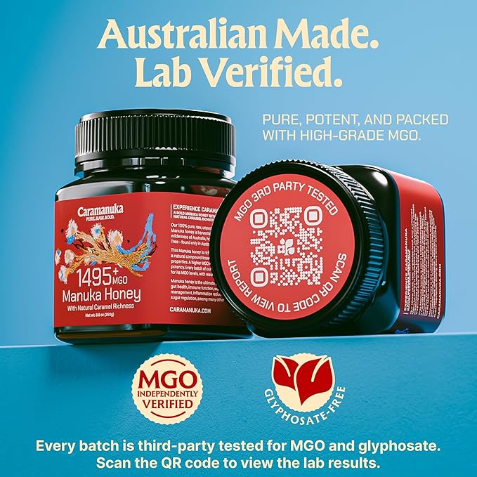 Caramanuka Manuka Honey MGO 1495+ / 100% Raw Pure Unfiltered &amp Unpasteurized 3rd Party Tested Ultra-Potent Glyphosate-Free Australian Premium Manuka Honey