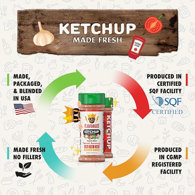 Flavor God 2 Bottles Ketchup Seasoning Mix Natural Healthy Spice Blend For Grilling Chicken Beef Seafood Vegetables Salad Tacos Pizza &amp Burgers Kosher Gluten &amp Dairy Free Vegan Keto F