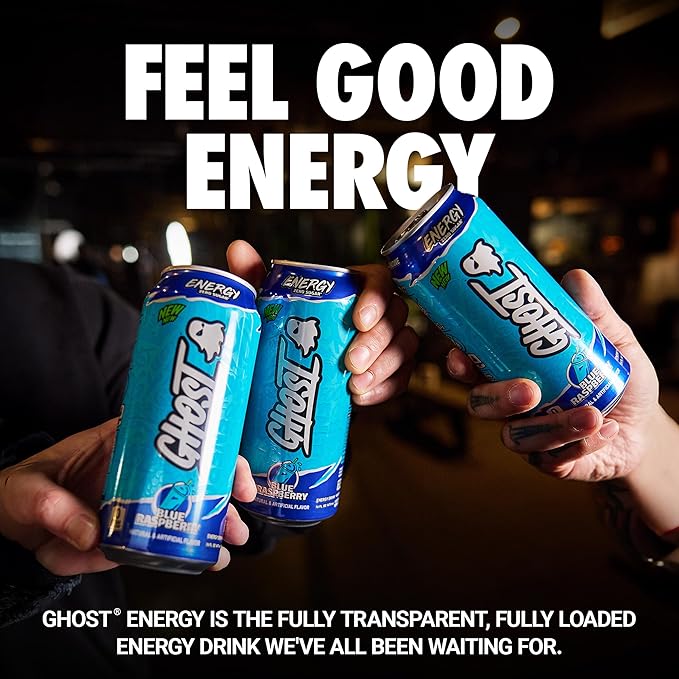 GHOST Energy Drink - 12-Pack Blue Raspberry 16oz Cans - Energy &amp Focus &amp No Artificial Colors - 200mg of Natural Caffeine L-Carnitine &amp Taurine - Gluten-Free &amp Vegan