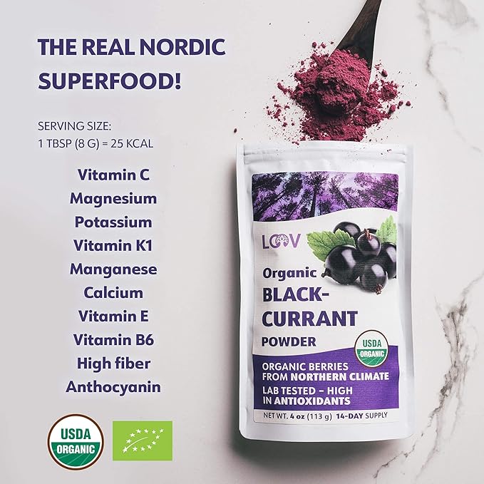 Organic Black Currant Powder – Pure 100% Natural Whole Fruit Freeze-Dried &amp Powdered – Non-GMO No Added Sugar – Rich in Polyphenols &amp Vitamin C – 4oz (15 Servings)