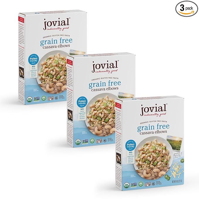 Jovial Grain-Free Cassava Elbows - Gluten Free Elbow MacaroniCassava Pasta Paleo Pasta Grain-Free 100% Organic Pasta USDA Certified Organic Non-GMO High-Fiber - 8 Oz 3 Pack