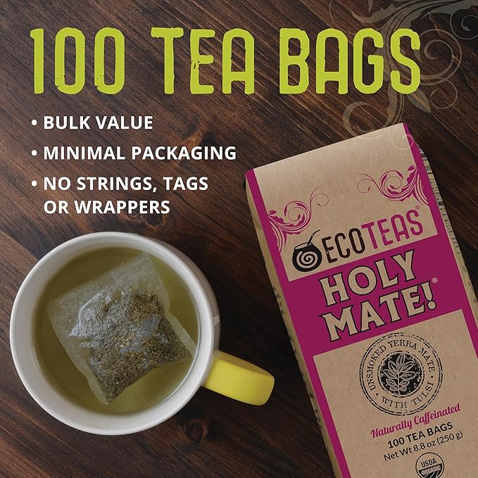 ECOTEAS Holy Mate! Organic Yerba Mate Tea Bags with Tulsi &amp Mint – Natural Energy Detox Herbal Tea Stress Support – Kosher Non-GMO Gluten-Free - 100 Bulk Bags 8.8 oz (Pack of 1)