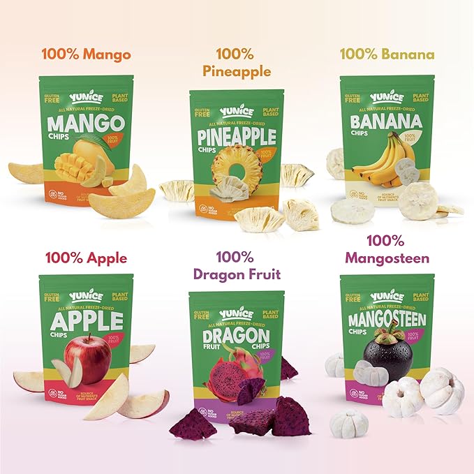Yunice Freeze-Dried Fruit 100% Natural Gluten Free No Added Sugar healthy snacks for adults BANANA MANGO PINEAPPLE MANGOSTEEN APPLE &amp DRAGON FRUIT Variety Pack 0.53 Ounce (Pack of 12)