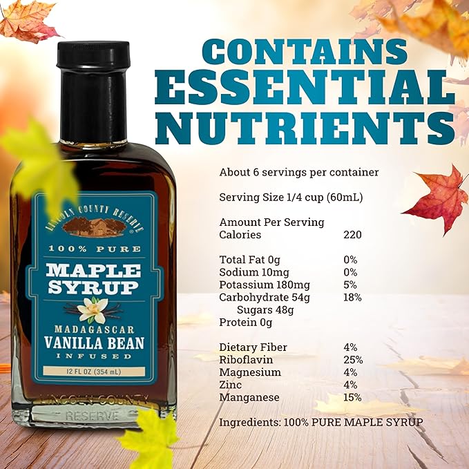 Lincoln County Reserve Vanilla Maple Syrup - Real Madagascar Vanilla Whole Bean Infused - 12 oz Glass Bottle - Perfect Pancake Syrup - Grade A - Gluten Free - Bottled in Wisconsin