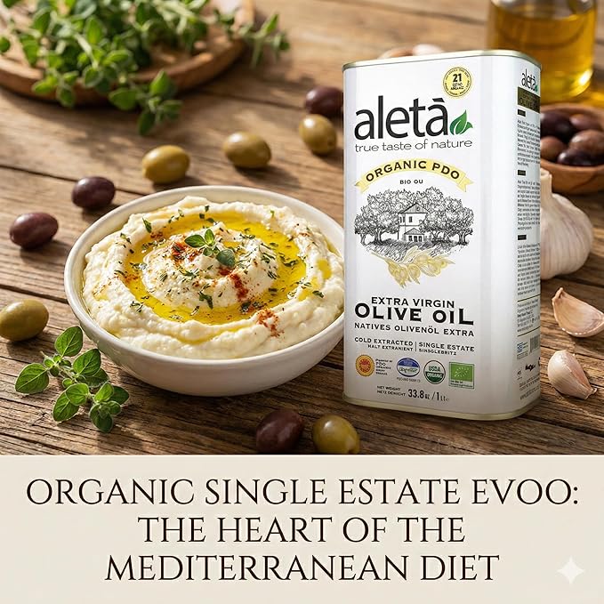 Aleta Organic &amp PDO Extra Virgin Olive Oil 2025 Gold Award Certified Single Estate Crete Greece First-Cold Press 1 Lt (33.8 oz.) Tin Pack of 2