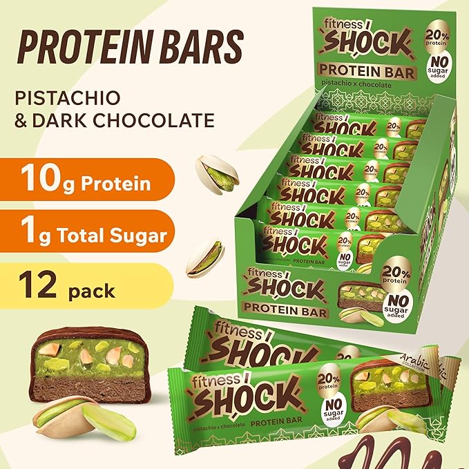 FitnesSHOCK Protein Bars – Pistachio &amp Dark Chocolate – Low Sugar Protein Snack (1g Total Sugar) – Dessert Alternative – 12 Count – 180 Calories – 12x50g