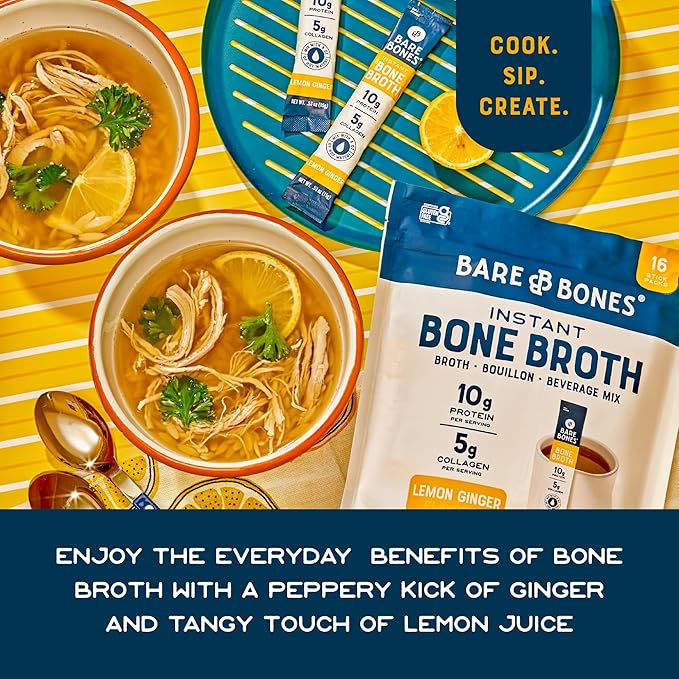 Bare Bones Lemon Ginger Bone Broth Instant Powdered Mix Packets | 5g Collagen | 10g Protein | Keto &amp Paleo Friendly | No Artificial Flavors | Rich Savory on-the-go 16 Pack
