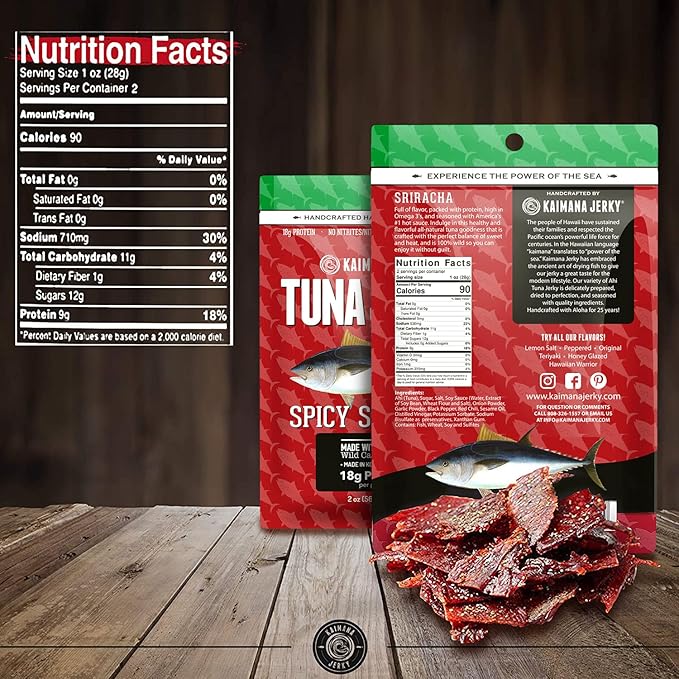Sriracha Tuna Jerky - Wildly Delicious Yellowfin Ahi Fish Jerky - Made with Americas Original Spicy Sriracha Hot Sauce - 3 Pack