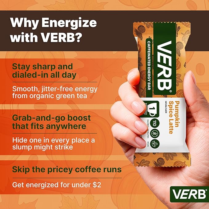 Verb Caffeinated Energy Bars Pumpkin Spice Latte (26g Pack of 16) 110-Calorie Delicious Low Sugar Energy Bar - Gluten Free On-the Go Snack with 80mg Green Tea Caffeine Only Real-Food Ingredients