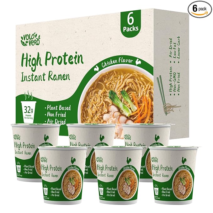 VOLO VERO High Protein (32g) Instant Ramen Soup Cup Chicken Flavor Plant-Based Non-Fried Vegan Low Carb Low Fat Non-GMO Egg &amp Dairy Free Quick Healthy Meal Holiday Gifts 6 Packs