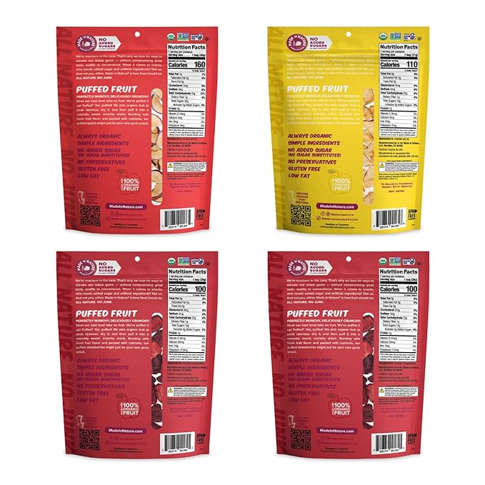 Made In Nature Organic Puffed Fruit Variety Pack 1.1 Ounce Bag (Pack of 4) - Includes 2 Strawberry 1 Apple 1 Melon