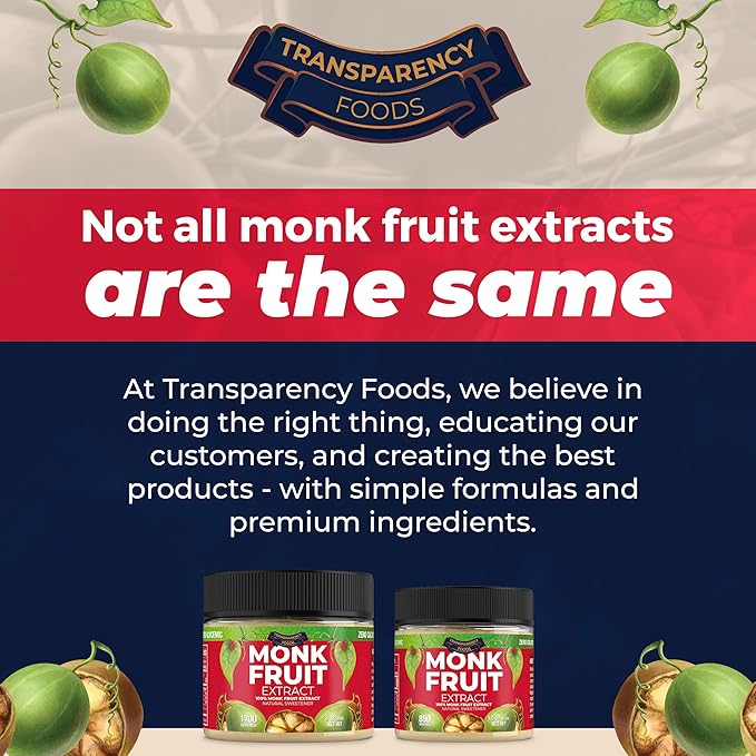 100% Monk Fruit Extract (90X Sweeter Than Sugar) Monk Fruit Sweetener No Erythritol Sugar Substitute Zero Calories Zero Glycemic Non-GMO 25% Mogroside V by Transparency Foods (3oz 1700 servings)