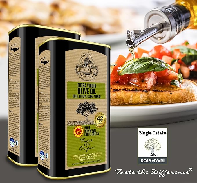 Ellora Farms Olive Oil Extra Virgin Traceable &amp Certified PDO Polyphenol Rich Extra Virgin Olive Oil Cold Pressed Global Gold Awards Kosher Single Origin from Crete Greece 33.8 Fl oz Pack of