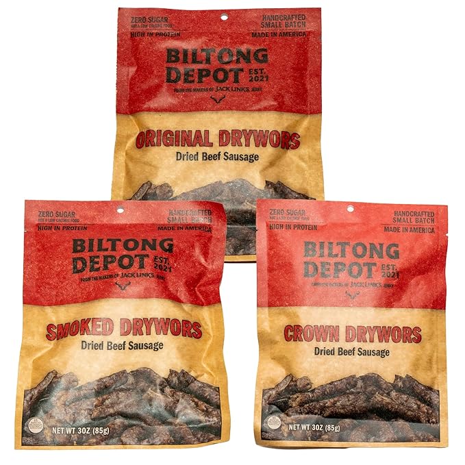 Biltong Depot Drywors Variety Pack – Original Smoked &amp Crown | 3oz Bags (3 Pack) | Air-Dried Beef Snack Sticks | High Protein | Keto &amp Paleo Friendly | Zero Sugar | Gluten Free