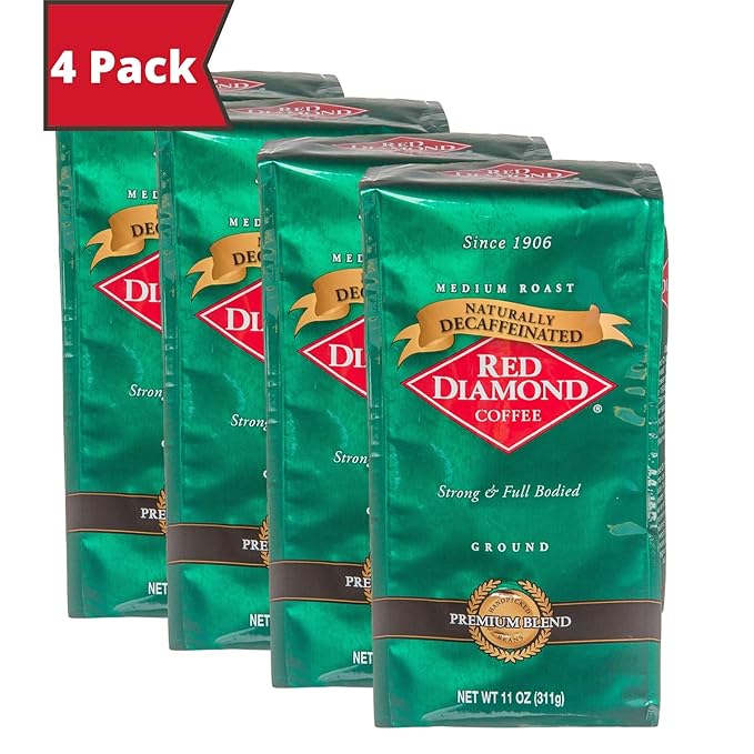 Red Diamond Ground Coffee Decaffeinated Medium Roast 100% Arabica Premium Beans Strong &amp Full-Bodied Flavor 11 Ounce Resealable Bags (4 Pack)