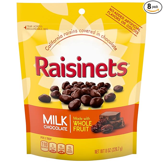 Raisinets Milk Chocolate Covered California Raisins 8.0 oz Resealable Bag Bulk 8 pack