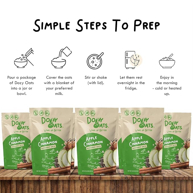 Dozy Oats Overnight Oatmeal Packets Apple Cinnamon Multipack with Rolled Oats Chia Seeds Date Powder and Dried Fruit. Gluten-Free Natural Source of Protein and Fiber 12-Pack