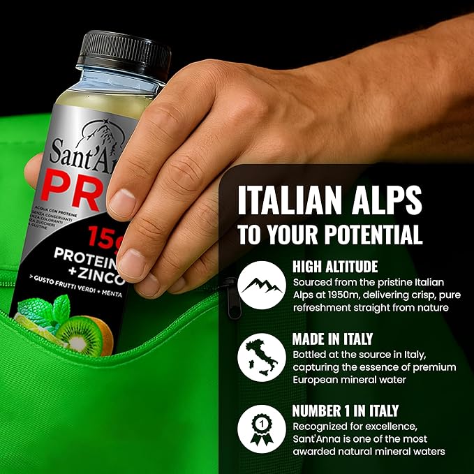 Sant'Anna PRO Functional Protein Drink – Green Fruits &amp Mint 11.15 Fl Oz (12-Pack) | 15g Protein + Zinc | No Sugar | Clear Water | Crafted with Sant’Anna Alpine Water | BPA-Free | No Preservative