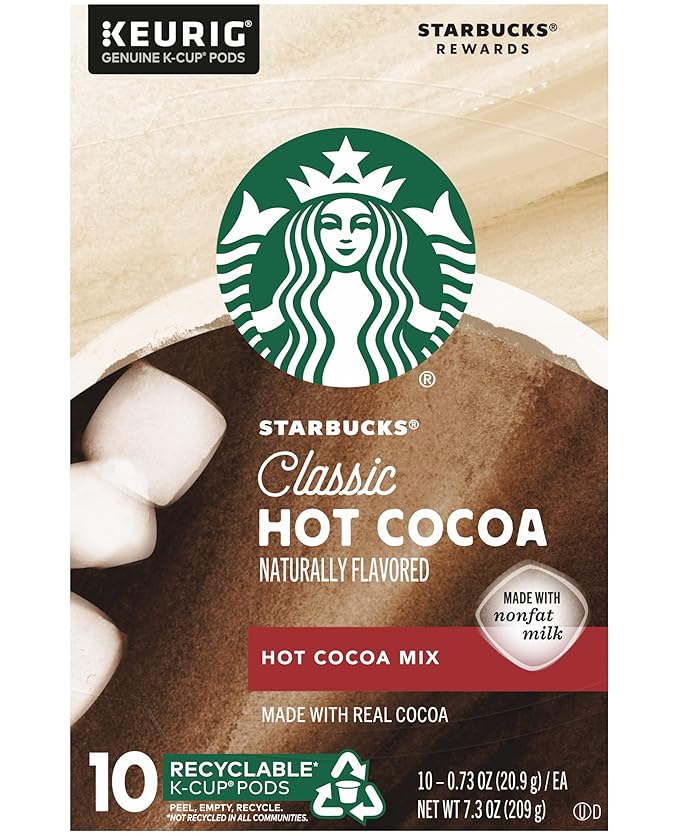 Starbucks Classic Hot Cocoa K-Cup Pods Made with Real Cocoa &amp Nonfat Milk K-Cup Pods for Keurig Brewing System 10 CT K-Cups Per Box (10 Count (Pack of 2))