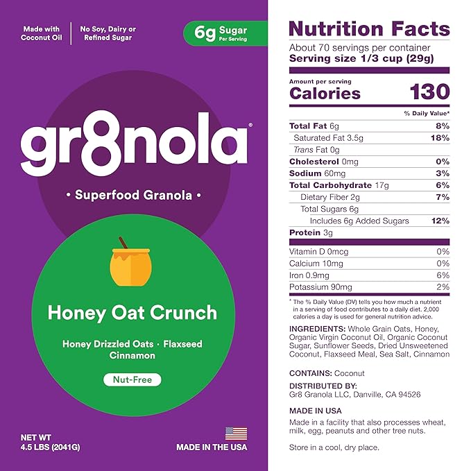 gr8nola HONEY OAT CRUNCH - Healthy Low Sugar Bulk Granola Cereal - Made with Superfoods Whole Oats Honey Cinnamon and Flaxseed Soy Free Dairy Free and No Refined Sugar - 4.5lb Resealable Bag