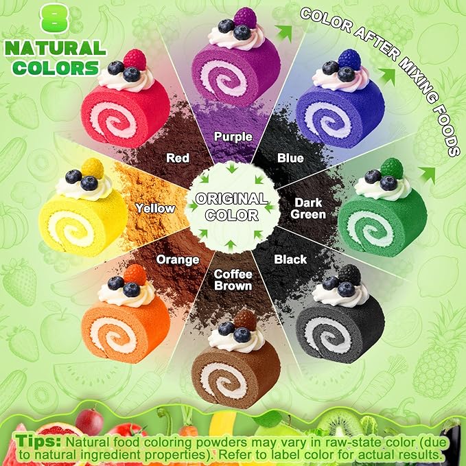 Natural Food Coloring Powder - 8 Colors Vibrant Concentrated Powdered Food Coloring Artificial Dye-Free &amp FD&ampC Natural Food Dye Powder for Baking Cake Decorating Cookies Icing Cooking F